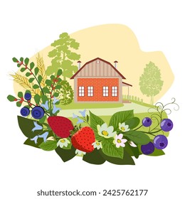 Casa rural con árboles y marco de flores y bayas. Ilustración vectorial.