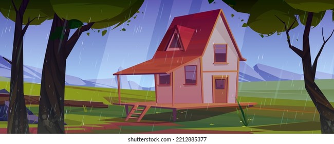 Rural house under rain in green summer valley with mountains on horizon. Cartoon vector illustration of nice cottage surrounded by tall trees and grassland under gloomy sky rainfall. Game background