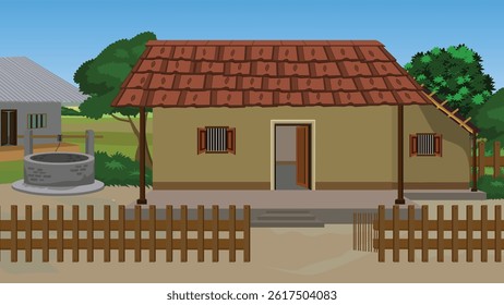 Rural house vector illustration for cartoon animation.An Indian house with a red roof and a well in front of it. The house has a wooden fence around it