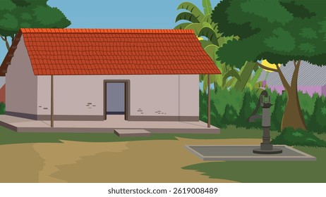 Rural house vector illustration for cartoon animation.Countryside house with a red thatched roof