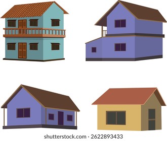 Conjunto de Vector de casa rural: casas de pueblo tradicionales coloridas, edificios residenciales Pequeños, Ilustraciones de arquitectura rural