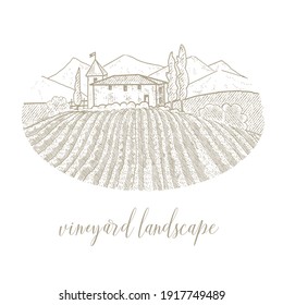 Rural house with a vineyard. An illustration in the vintage style of an old engraving.