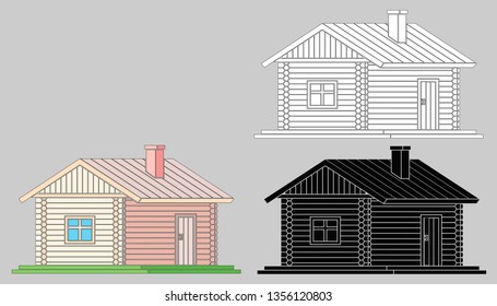 Rural house from wooden logs. Vector illustration of two facades of the house . Black, black and white, colored silhouette.