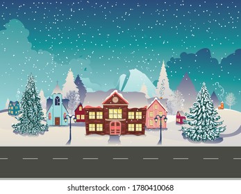 Rural houses, fir trees and big mountain, snowy winter village background.