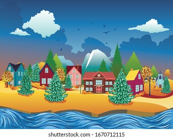 Rural houses, fir trees near big mountain autumn landscape.

