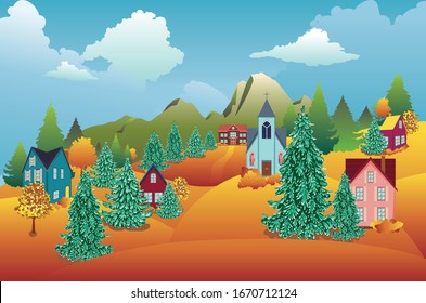 Rural houses, fir trees near big mountain autumn landscape.

