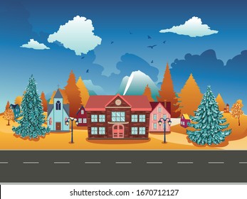 Rural houses, fir trees near big mountain autumn landscape.

