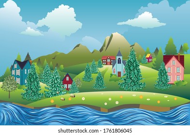 Rural houses, fir trees near big mountain summer landscape.