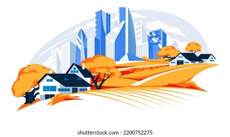 Rural houses on autumn hills against the background of skyscrapers of a big city. The concept of the contrast between village and city life. Season landscape scene. Vector flat illustration