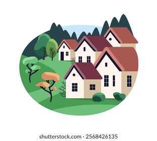 Rural houses on countryside landscape. Country buildings in village in summer season. Suburban nature with forest, meadow, trees in autumn. Flat isolated vector illustration on white background