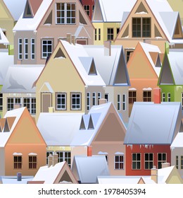 Rural houses. Seamless pattern. Winter season. Gable roofs are covered with snow. Nice and cozy suburban village. Flat cartoon style. Vector art