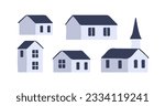 Rural houses set. Country homes, countryside church. Residential and public buildings exterior, property, real estate of small town, village. Flat vector illustrations isolated on white background