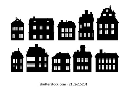 Casas rurales con silueta de ventanas. Aislado sobre fondo blanco. Conjunto de objetos. Pequeña ciudad alberga barrios residenciales. Paisaje urbano con edificios. Vector de vivienda