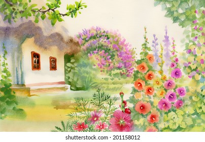 Rural Hut In The Garden Vector