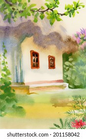Rural hut in the garden vector
