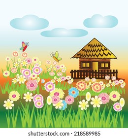 Rural hut in the garden vector,hut vector