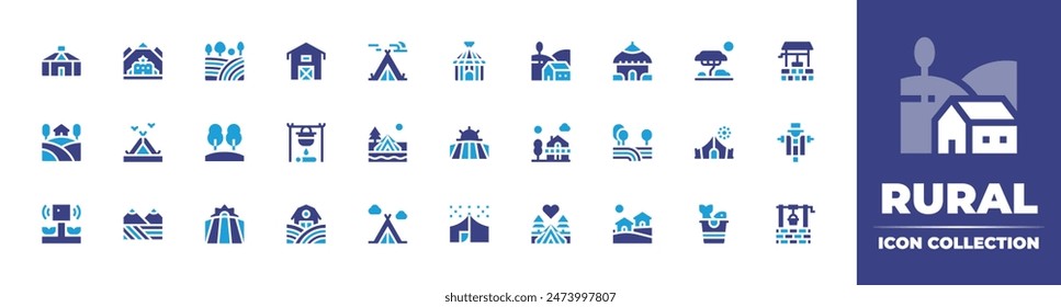 Rural icon collection. Duotone color. Vector illustration. Containing village, house, ruralhotel, land, scarecrow, camping, field, bucket, pot, tent, campingtent, waterwell.