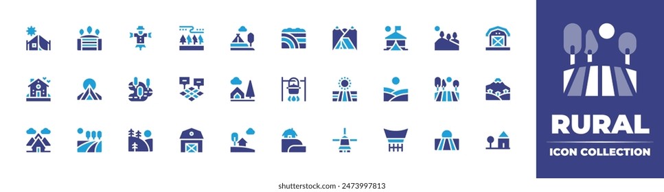 Rural icon collection. Duotone color. Vector illustration. Containing field, campingtent, traditional, barn, swamp, pot, hills, house, country, tent, landscape, windmill.