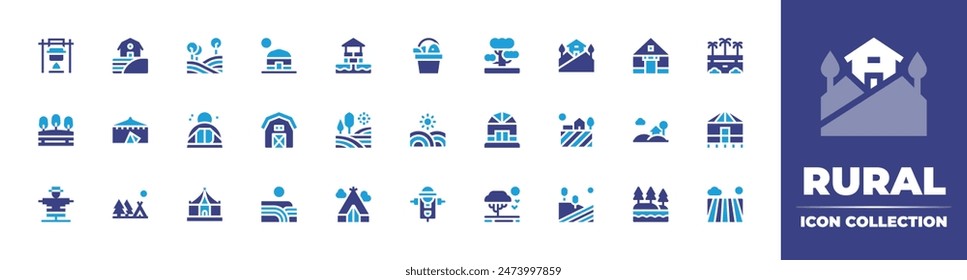 Rural icon collection. Duotone color. Vector illustration. Containing fields, farmhouse, barn, jaimatent, camping, field, tent, savannah, scarecrow, lake, campingtent.