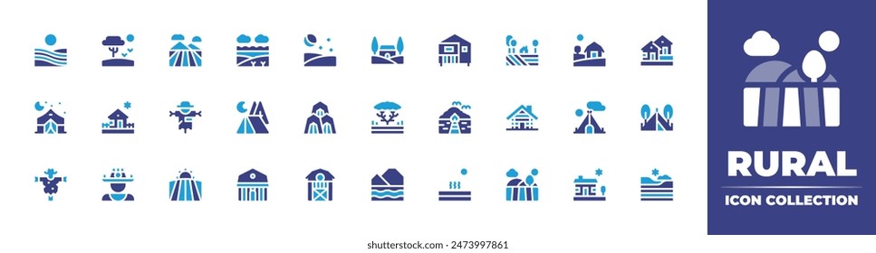 Rural icon collection. Duotone color. Vector illustration. Containing barn, campingtent, scarecrow, warm, field, bungalow, camp, countryhouse, house, lake, savannah.