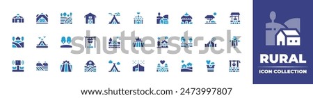 Rural icon collection. Duotone color. Vector illustration. Containing village, house, ruralhotel, land, scarecrow, camping, field, bucket, pot, tent, campingtent, waterwell.