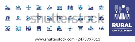 Rural icon collection. Duotone color. Vector illustration. Containing field, campingtent, traditional, barn, swamp, pot, hills, house, country, tent, landscape, windmill.