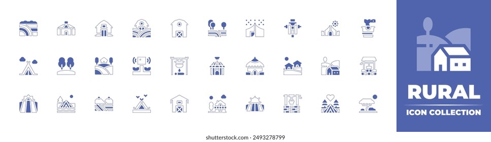 Rural icon collection. Duotone style line stroke and bold. Vector illustration. Containing house, village, smartfarm, cabin, field, ruralhotel, camping, barn, pot, campingtent, waterwell.