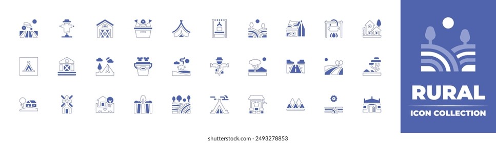 Rural icon collection. Duotone style line stroke and bold. Vector illustration. Containing house, hills, windmill, farm, waterwell, scarecrow, camping, country, savannah, tent, field, fish.