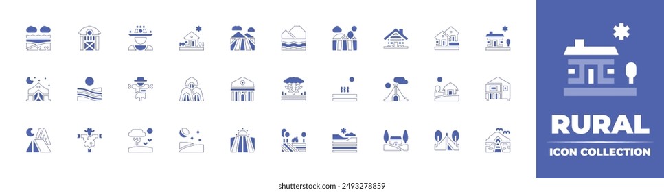 Rural icon collection. Duotone style line stroke and bold. Vector illustration. Containing field, cottage, campingtent, scarecrow, warm, night, camp, countryhouse, tent, savannah, landscape.