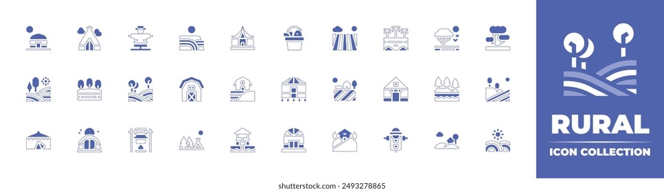 Rural icon collection. Duotone style line stroke and bold. Vector illustration. Containing farm, farmhouse, barn, jaimatent, yurt, camping, field, cook, lake, campingtent, well.