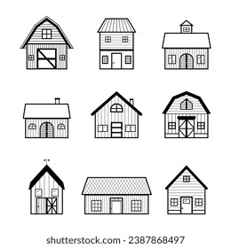 Rural icon collection with farm, barn, country house set. outline vector illustration logo