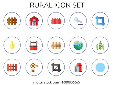 ländliche Ikone-Set. 15 flache ländliche Symbole. Einschließlich Zaun, Weizen, Stall, WasserBrunnen, Zäune, Land, Feld, Kultur, Ernte, Windmühle, Silo, Feldsymbole