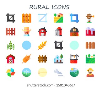 rural icon set. 30 flat rural icons.  Collection Of - crop, fence, farm, windmill, farmer, barn, silo, crops, fields, wheat, hills, village, water well, windmills, land, field