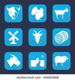 Rural icon. set of 9 filled rural icons such as hay, goat, sheep, turkey, mill