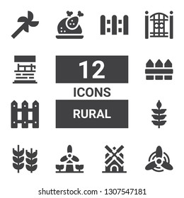 rural icon set. Collection of 12 filled rural icons included Windmill, Wheat, Fence, Turkey, Water well