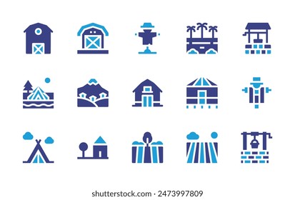 Rural icon set. Duotone color. Vector illustration. Containing mountain, field, farmhouse, barn, waterwell, scarecrow, yurt, camping, house, rainforest.