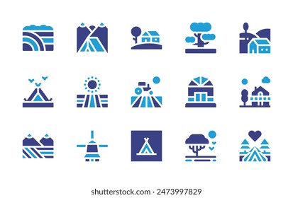 Rural icon set. Duotone color. Vector illustration. Containing house, field, village, ruralhotel, barn, savannah, camping, campingtent, windmill, love.