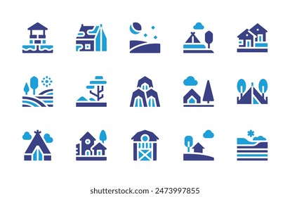 Conjunto de iconos rurales. Color duotono. Ilustración vectorial. Conteniendo aldea, granero, tienda de campaña, tienda, campo, noche, campamento, casa, país, sabana, pozo.