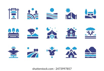 Ländlicher Symbolsatz. Zweitonfarbe. Vektorillustration. Enthaltendes Feld, Campingzelt, Vogelscheuche, Koch, Haus, Savanne, See, Landschaft.