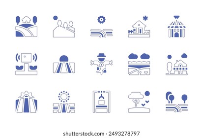 Rural icon set. Duotone style line stroke and bold. Vector illustration. Containing house, smartfarm, cabin, field, ruralhotel, hills, land, scarecrow, savannah, sun, waterwell.