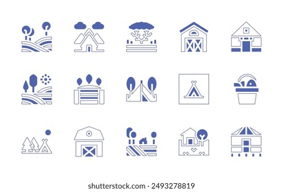 Rural icon set. Duotone style line stroke and bold. Vector illustration. Containing warehouse, cottage, seeding, barn, yurt, camping, fish, field, country, house, tent, savannah.