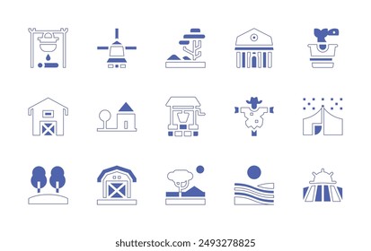 Rural icon set. Duotone style line stroke and bold. Vector illustration. Containing field, scarecrow, waterwell, barn, bucket, house, countryhouse, savannah, pot, tent, windmill.