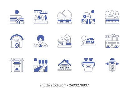 Rural icon set. Duotone style line stroke and bold. Vector illustration. Containing house, field, fields, farmhouse, cook, scarecrow, tent, rainforest, cabin, lake, fish, taiga.