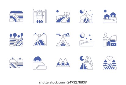 Rural icon set. Duotone style line stroke and bold. Vector illustration. Containing village, hills, field, campingtent, pot, night, camping, tent, landscape, love.