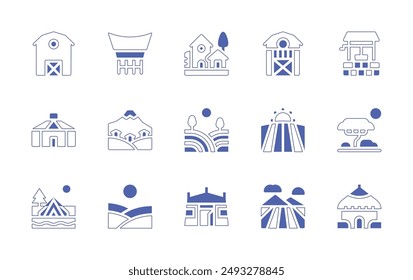 Rural icon set. Duotone style line stroke and bold. Vector illustration. Containing village, field, house, mountain, barn, yurt, waterwell, traditional, farm, savannah, camping, tent.