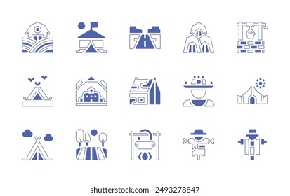 Rural icon set. Duotone style line stroke and bold. Vector illustration. Containing house, tent, scarecrow, camping, camp, highway, campingtent, potonfire, field, mountain.