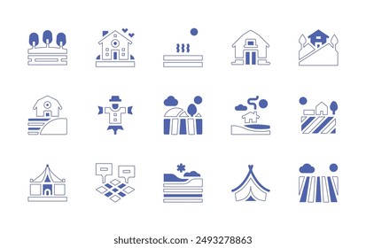 Rural icon set. Duotone style line stroke and bold. Vector illustration. Containing farm, village, field, campingtent, house, farmhouse, warm, tent, lake, countryhouse, scarecrow.