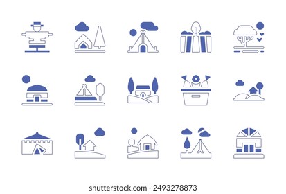 Rural icon set. Duotone style line stroke and bold. Vector illustration. Containing farm, campingtent, yurt, jaimatent, scarecrow, tent, country, camping, bucket, field, landscape.