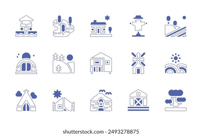 Rural icon set. Duotone style line stroke and bold. Vector illustration. Containing windmill, farm, bungalow, scarecrow, swamp, tent, hills, campingtent, house, well.