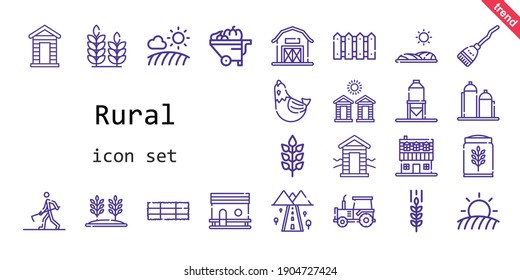 rural icon set. line icon style. rural related icons such as wheelbarrow, broom, cabin, silo, farmer hoeing, hen, farm house, chicken coop, field, road, barn, tractor, wheat, hay bale, fence, cabins, 